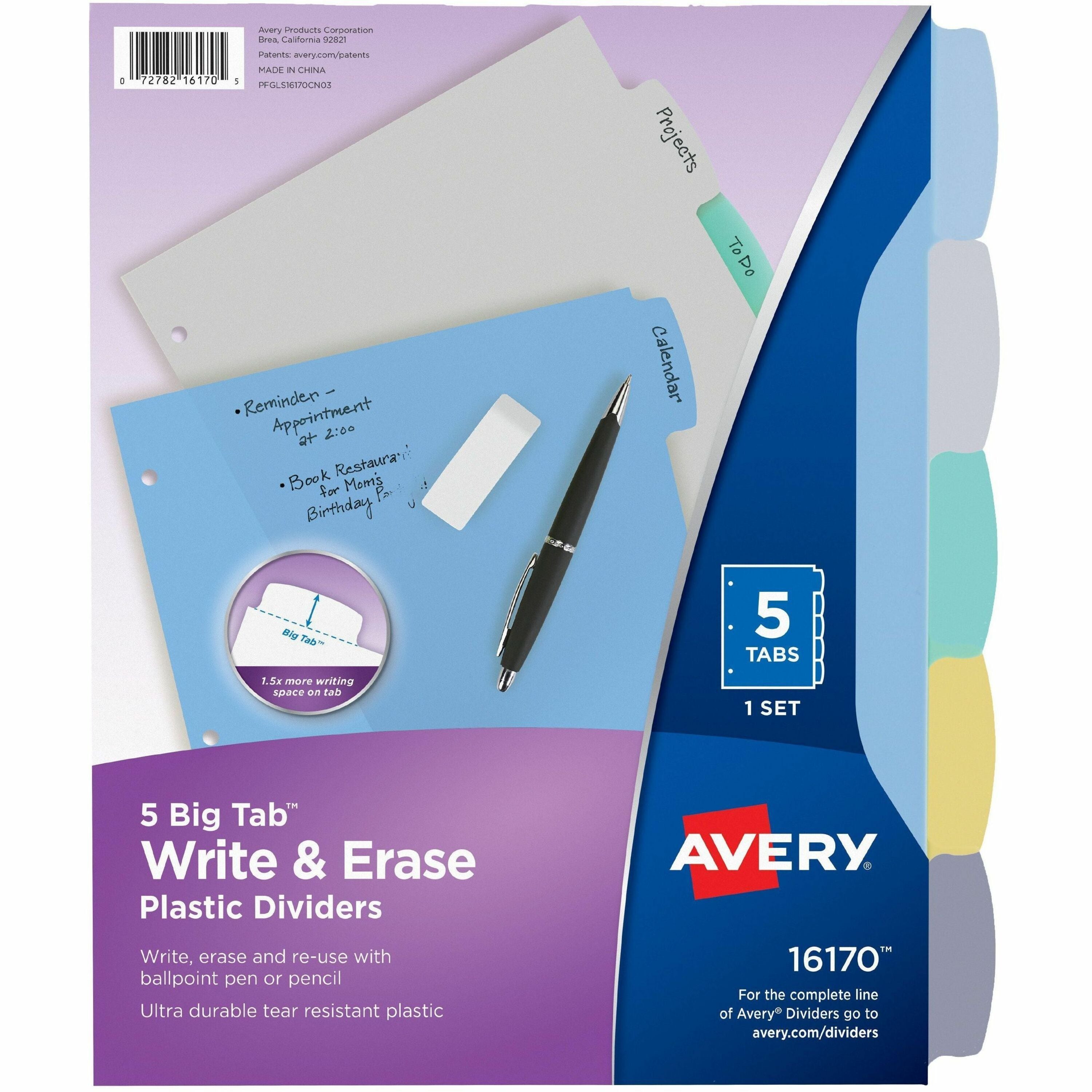Avery&reg; Big Tab Write & Erase Plastic Dividers, 5 tabs, 1 set