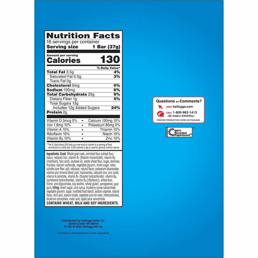 Nutri-Grain Keebler Fruity Cereal Bars - Individually Wrapped, Low Fat - Blueberry - 16 / Box