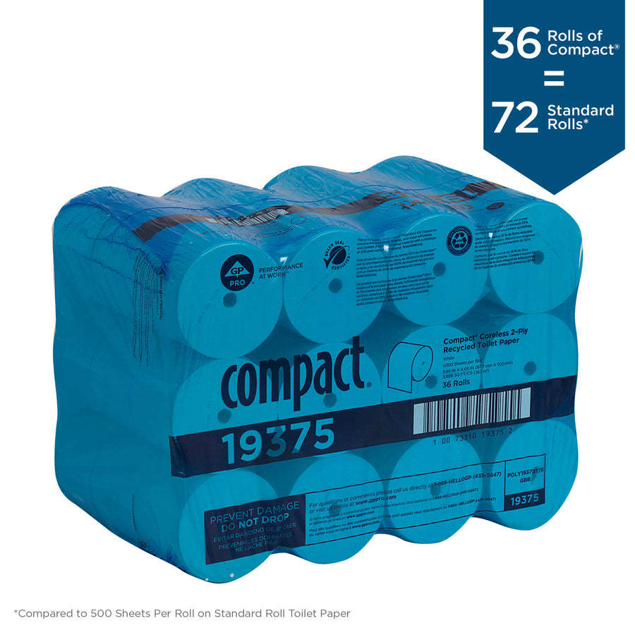 Compact Coreless Recycled Toilet Paper - 2 Ply - 4.05" Width x 3.85" Length - 1000 Sheets/Roll - White - 36 / Carton