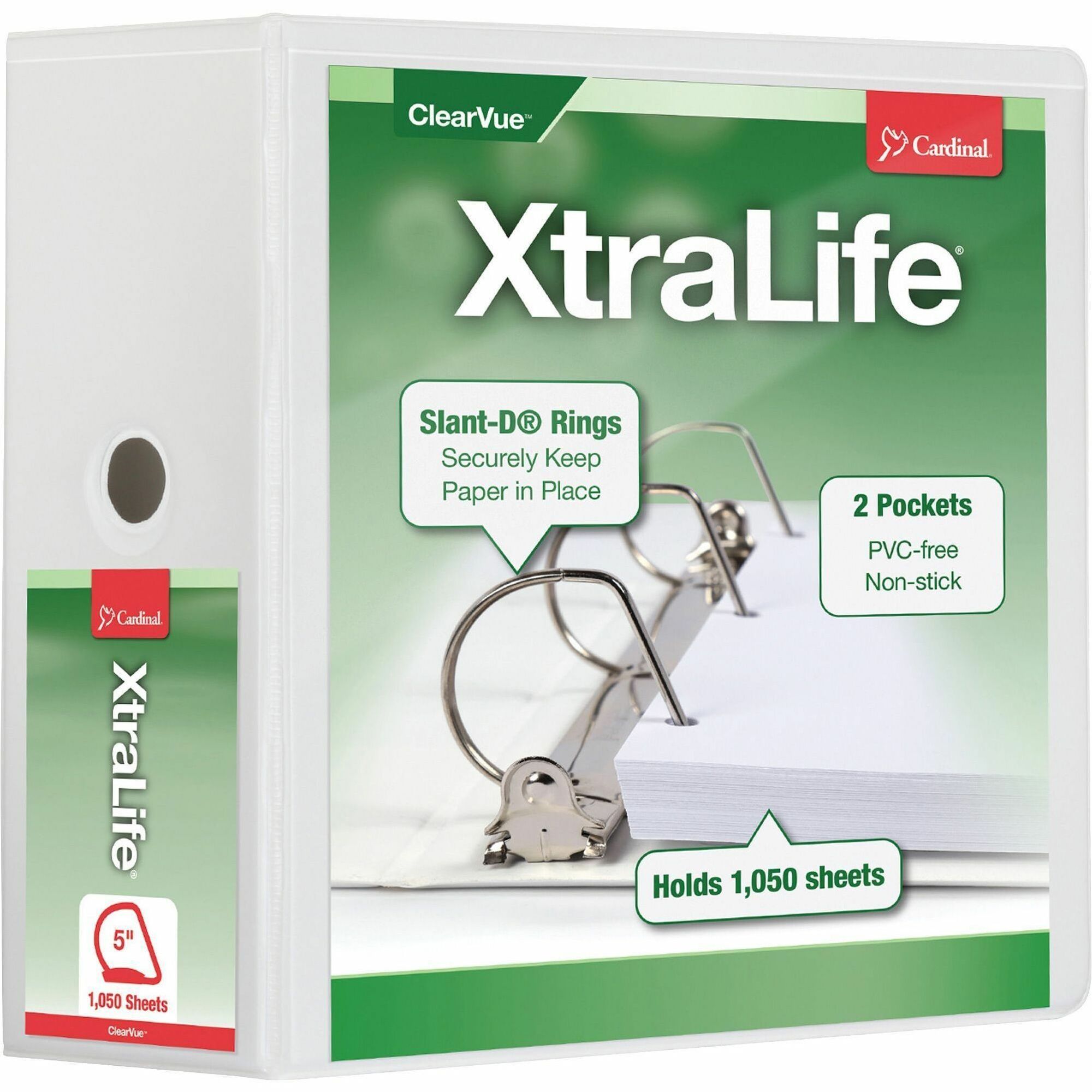 Cardinal Xtralife ClearVue Locking Slant-D Binder, 5" Capacity, Letter Size, 3 D-Rings, 2 Inside Pockets, White, Polyolefin, Non-stick, PVC-free, Clear Overlay, Cold & Crack Resistant, 1 Each