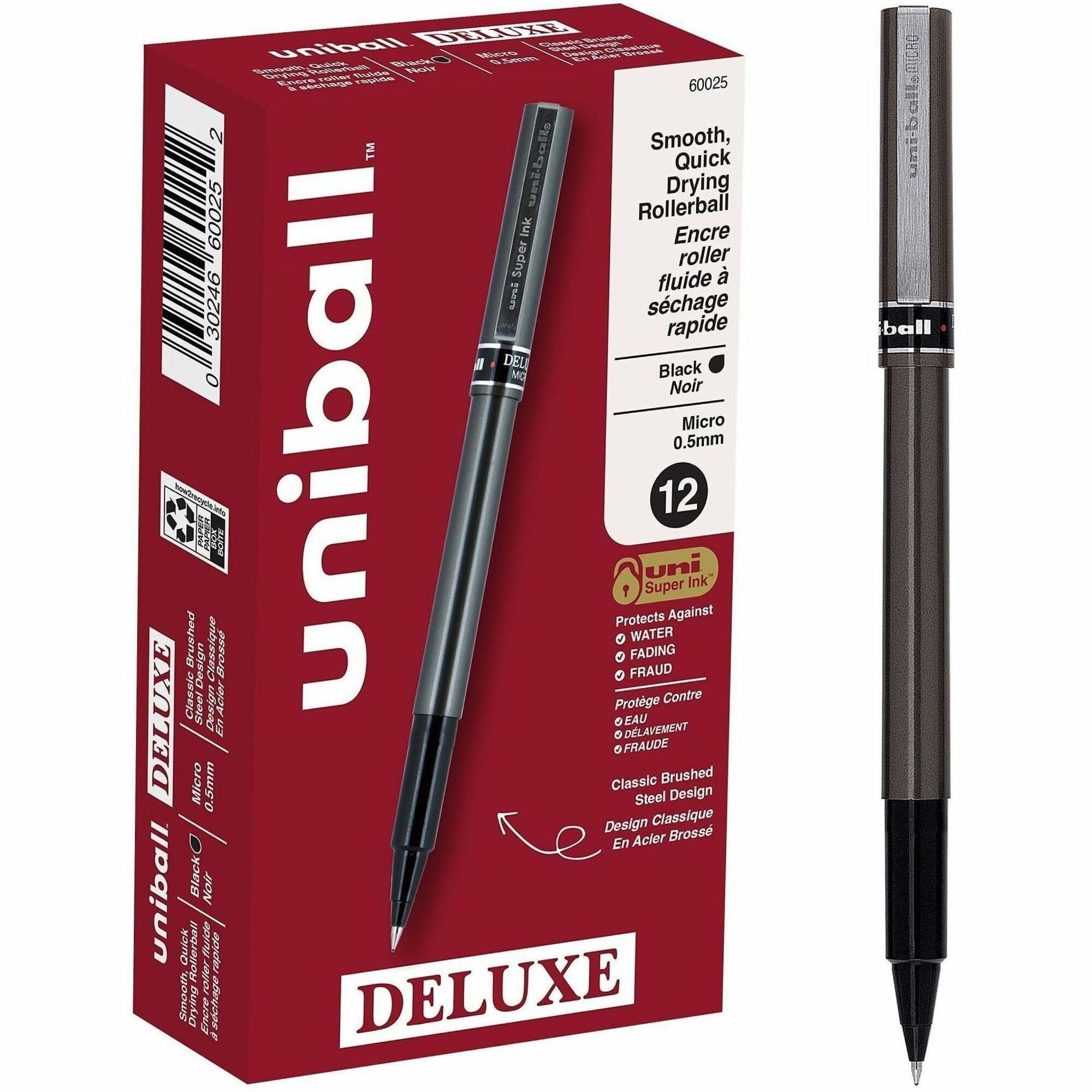 uniball™ Deluxe Rollerball Pens - 0.5 mm Micro Pen Point - Black Ink - Silver Barrel - Stainless Steel Tip - 1 Dozen
