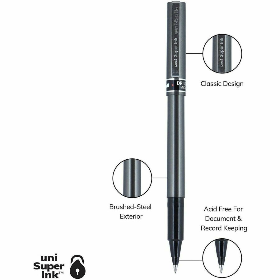 uniball™ Deluxe Rollerball Pens - 0.5 mm Micro Pen Point - Black Ink - Silver Barrel - Stainless Steel Tip - 1 Dozen