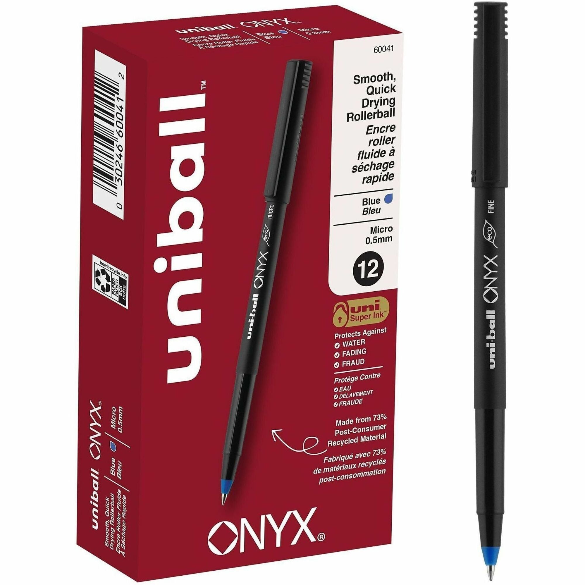 uniball™ Onyx Rollerball Pens - 0.5 mm Micro Pen Point - Blue Ink - 1 Dozen