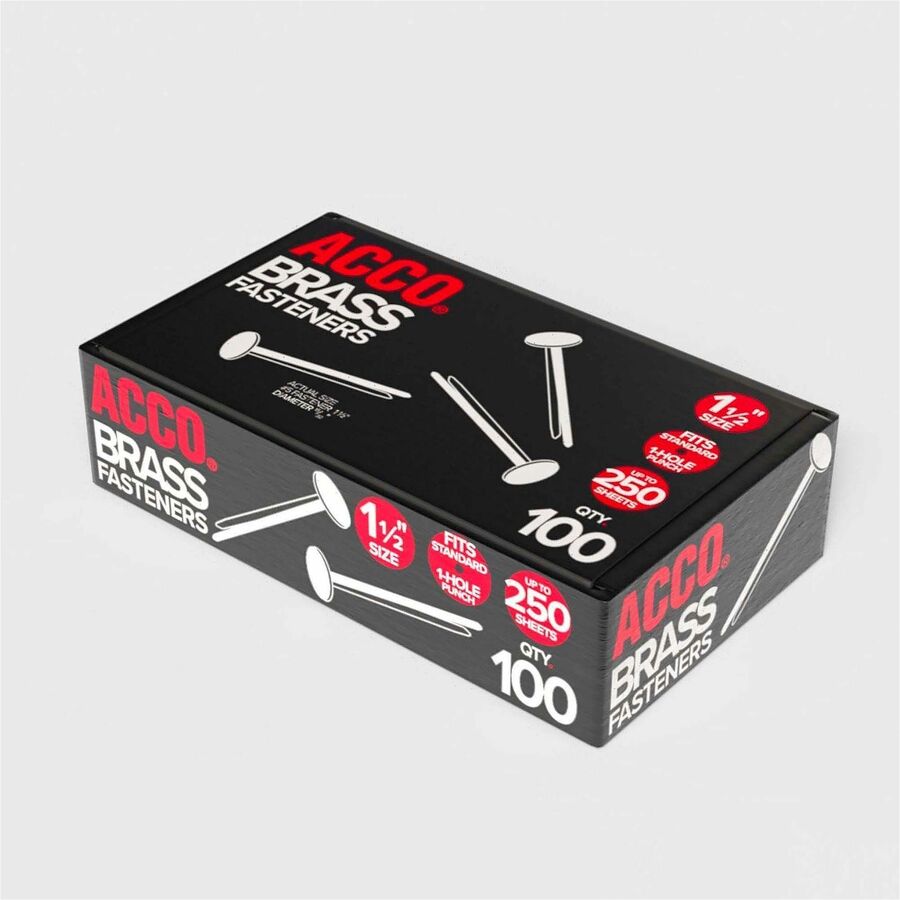 ACCO Brass Fasteners - 1.5" Length - 75 Sheet Capacity - Flexible, Heavy Duty, Corrosion-free, Self-piercing Point, Rust Proof - Brass - 100 / Box