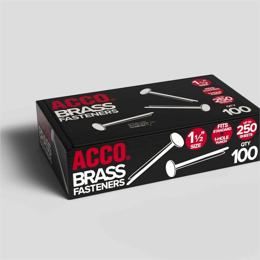 ACCO Brass Fasteners - 1.5" Length - 75 Sheet Capacity - Flexible, Heavy Duty, Corrosion-free, Self-piercing Point, Rust Proof - Brass - 100 / Box