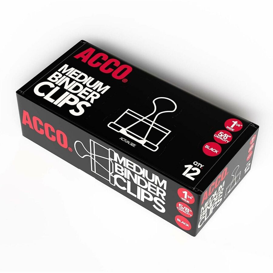 Medium - 1.3" Width - 0.63" Size Capacity - Reusable - Black - Plastic, Tempered Steel - 12 Clips/Box - 1 Box