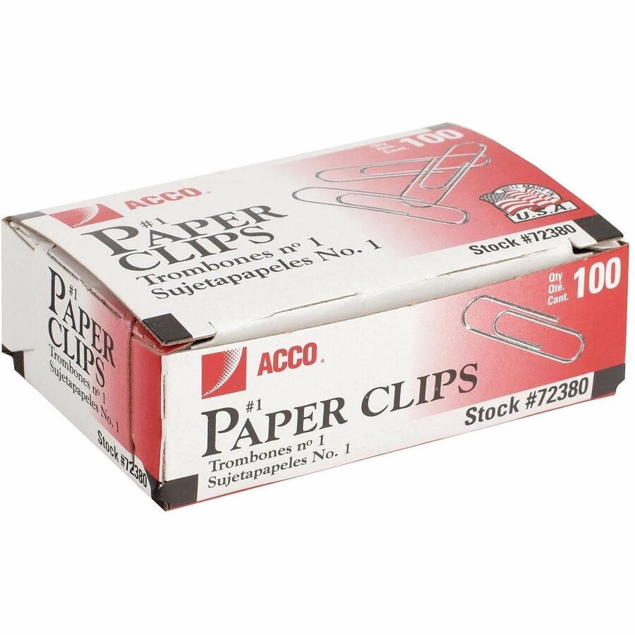 ACCO Premium Paper Clips - No. 1 - 10 Sheet Capacity - Strain Resistant, Galvanized, Corrosion Resistant - Silver - Metal, Zinc Plated - 100/Box - 10 / Pack