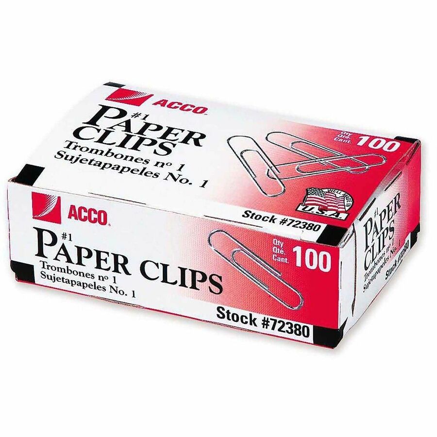ACCO Premium Paper Clips - No. 1 - 10 Sheet Capacity - Strain Resistant, Galvanized, Corrosion Resistant - Silver - Metal, Zinc Plated - 100/Box - 10 / Pack
