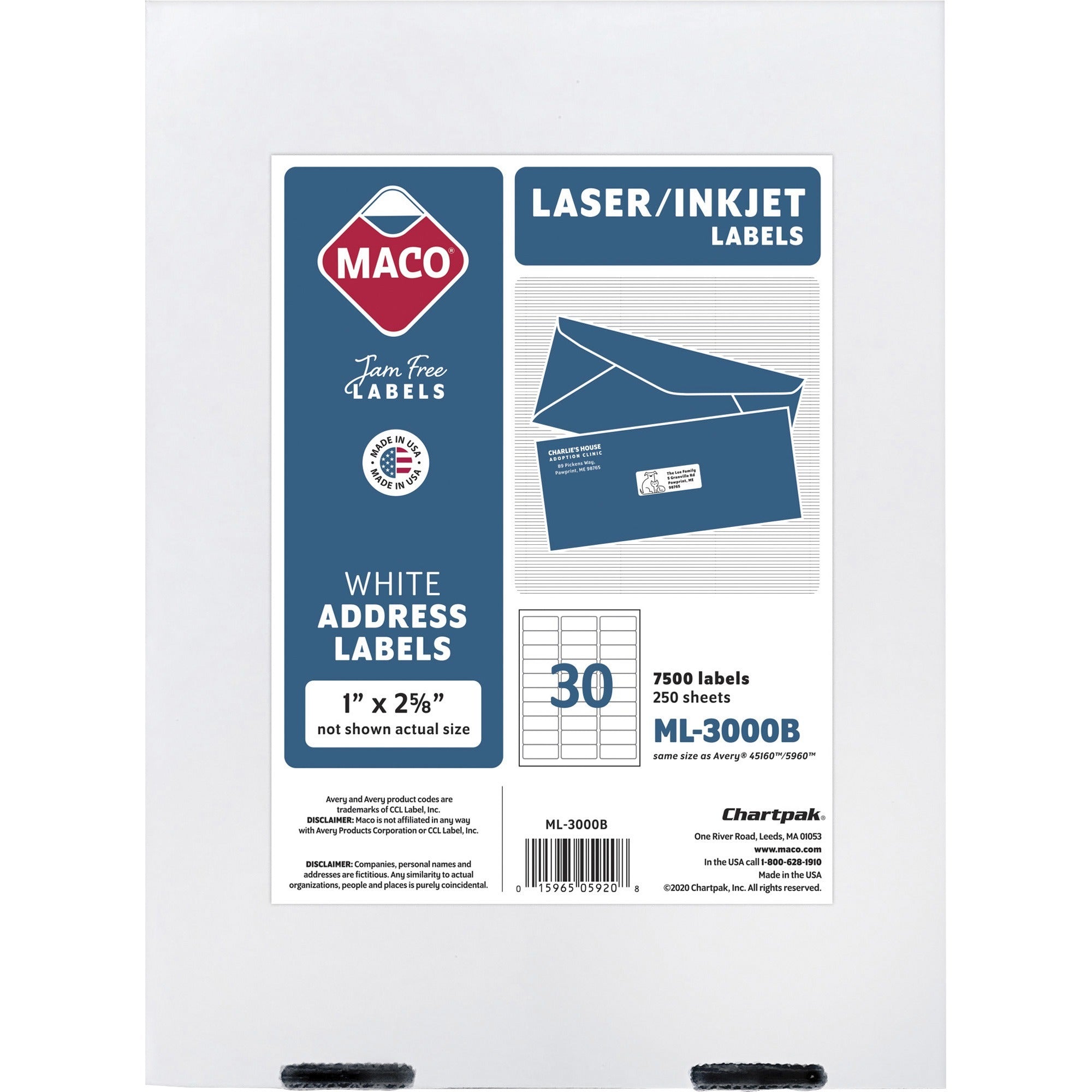 Maco Multipurpose Self-Adhesive Mailing Labels - 1" Width x 2 5/8" Length - Permanent Adhesive - Rectangle - Laser, Inkjet - White - Lignin-free - 30 / Sheet - 7500 / Box