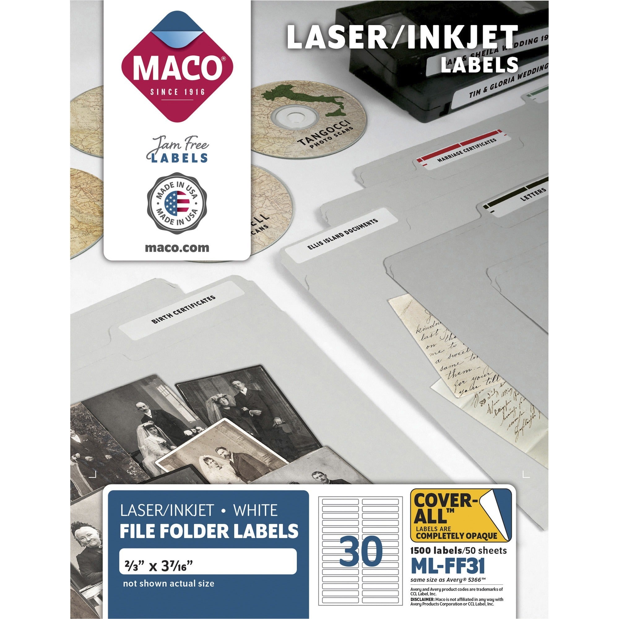43/64" Width x 3 7/16" Length - Permanent Adhesive - Inkjet, Inkjet - White - 30 / Sheet - 1500 / Box