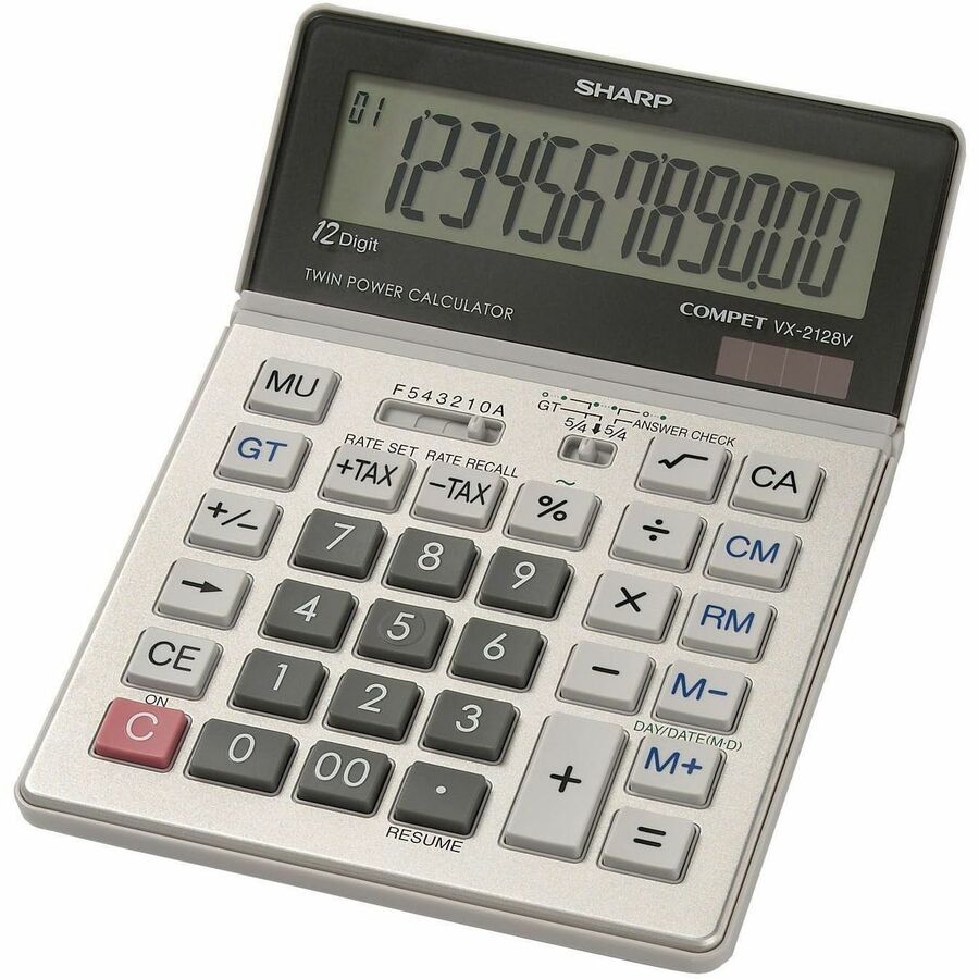 4-Key Memory, Sign Change, Backspace Key, Auto Power Off, Fixed Decimal, Double Zero - 12 Digits - LCD - Battery/Solar Powered - 1.1" Height x 5.5" Width x 8.2" Depth - Silver, Black - 1 Each
