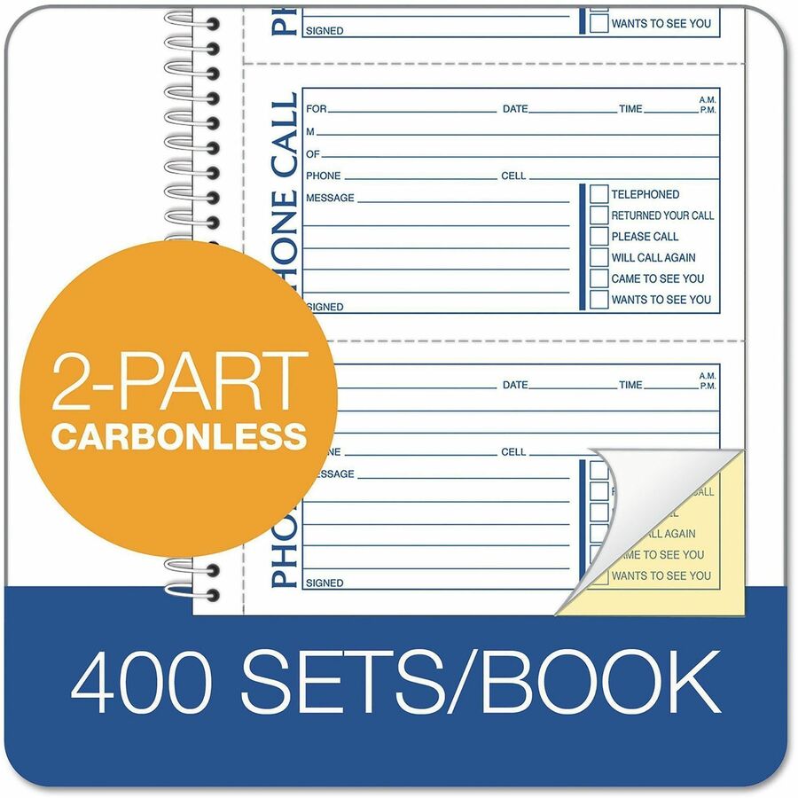 Spiral Bound - 2 Part - Carbonless Copy - 2.75" x 5" Form Size - 11" x 5.50" Sheet Size - White - 1 Each