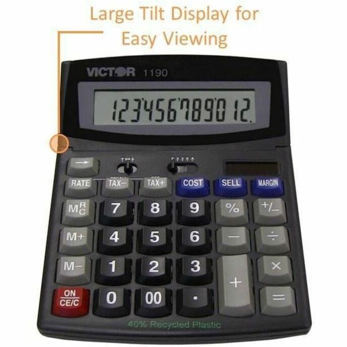 Easy-to-read Display, Large LCD, Tilt Display, Sign Change, Automatic Power Down, Independent Memory, Battery Backup, Environmentally Friendly, 3-Key Memory - Battery/Solar Powered - 1" Height x 5.9" Width x 7.8" Depth - Black - 1 Each