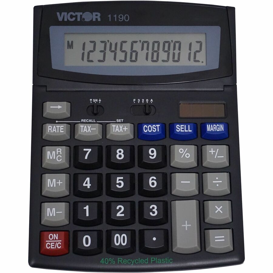 Easy-to-read Display, Large LCD, Tilt Display, Sign Change, Automatic Power Down, Independent Memory, Battery Backup, Environmentally Friendly, 3-Key Memory - Battery/Solar Powered - 1" Height x 5.9" Width x 7.8" Depth - Black - 1 Each