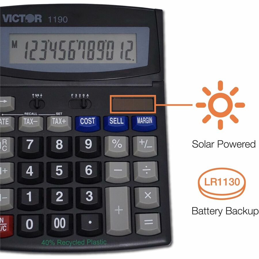 Easy-to-read Display, Large LCD, Tilt Display, Sign Change, Automatic Power Down, Independent Memory, Battery Backup, Environmentally Friendly, 3-Key Memory - Battery/Solar Powered - 1" Height x 5.9" Width x 7.8" Depth - Black - 1 Each