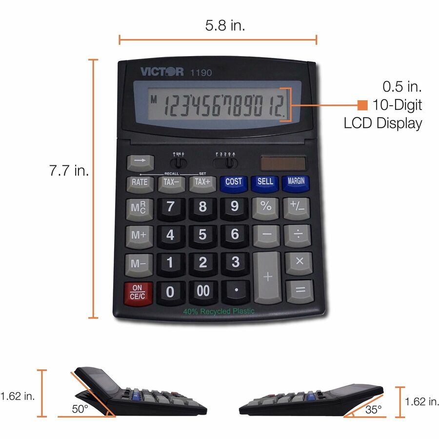 Easy-to-read Display, Large LCD, Tilt Display, Sign Change, Automatic Power Down, Independent Memory, Battery Backup, Environmentally Friendly, 3-Key Memory - Battery/Solar Powered - 1" Height x 5.9" Width x 7.8" Depth - Black - 1 Each