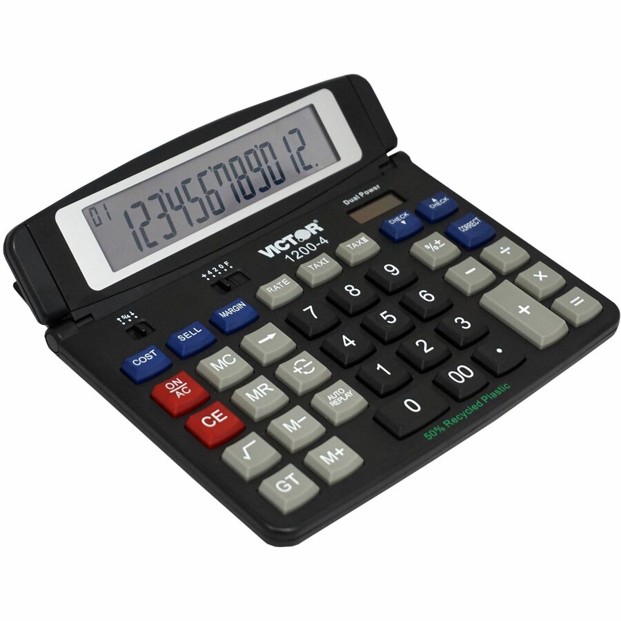 Auto Power Off, Big Display, Auto Replay, Easy-to-read Display, Dual Power - 12 Digits - LCD - Battery/Solar Powered - 0.5" Height x 7.2" Width x 6.4" Depth - Black - 1 Each
