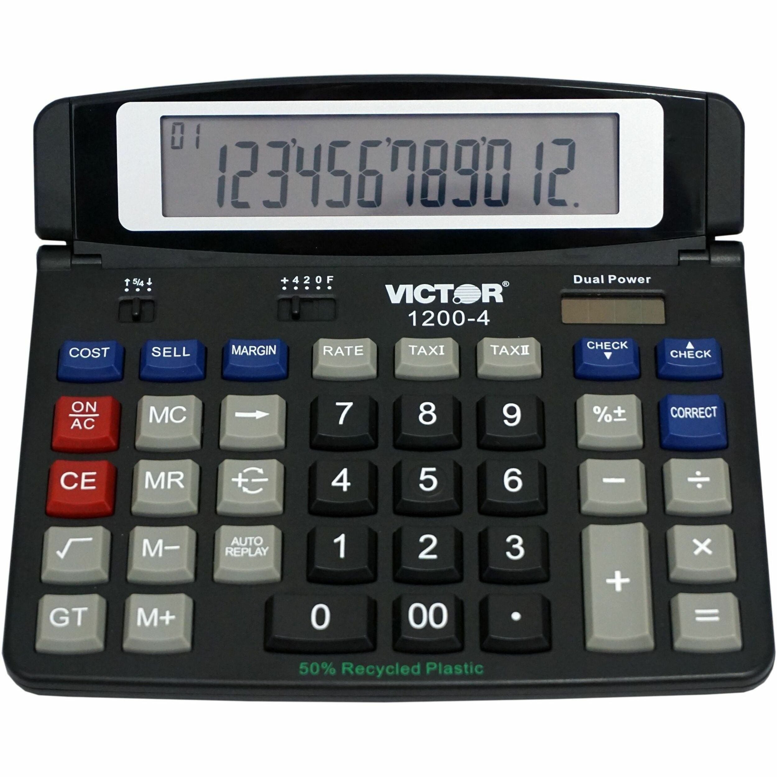 Auto Power Off, Big Display, Auto Replay, Easy-to-read Display, Dual Power - 12 Digits - LCD - Battery/Solar Powered - 0.5" Height x 7.2" Width x 6.4" Depth - Black - 1 Each