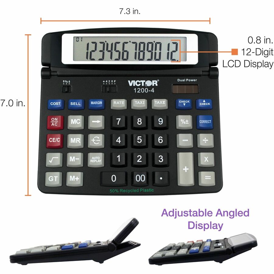 Auto Power Off, Big Display, Auto Replay, Easy-to-read Display, Dual Power - 12 Digits - LCD - Battery/Solar Powered - 0.5" Height x 7.2" Width x 6.4" Depth - Black - 1 Each