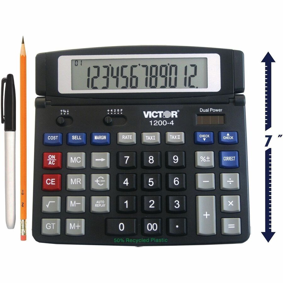 Auto Power Off, Big Display, Auto Replay, Easy-to-read Display, Dual Power - 12 Digits - LCD - Battery/Solar Powered - 0.5" Height x 7.2" Width x 6.4" Depth - Black - 1 Each