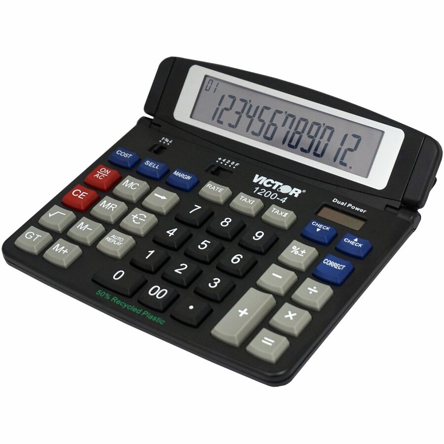 Auto Power Off, Big Display, Auto Replay, Easy-to-read Display, Dual Power - 12 Digits - LCD - Battery/Solar Powered - 0.5" Height x 7.2" Width x 6.4" Depth - Black - 1 Each