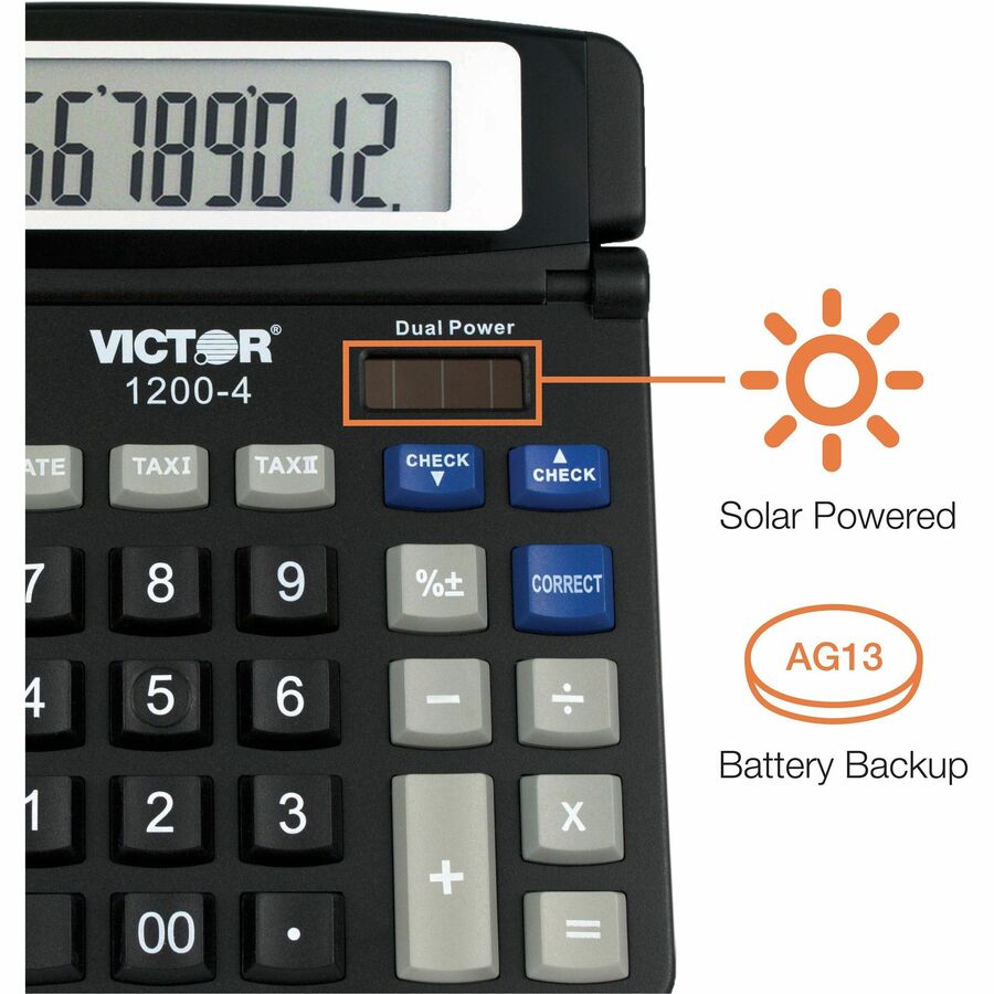 Auto Power Off, Big Display, Auto Replay, Easy-to-read Display, Dual Power - 12 Digits - LCD - Battery/Solar Powered - 0.5" Height x 7.2" Width x 6.4" Depth - Black - 1 Each