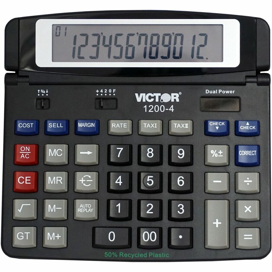 Auto Power Off, Big Display, Auto Replay, Easy-to-read Display, Dual Power - 12 Digits - LCD - Battery/Solar Powered - 0.5" Height x 7.2" Width x 6.4" Depth - Black - 1 Each