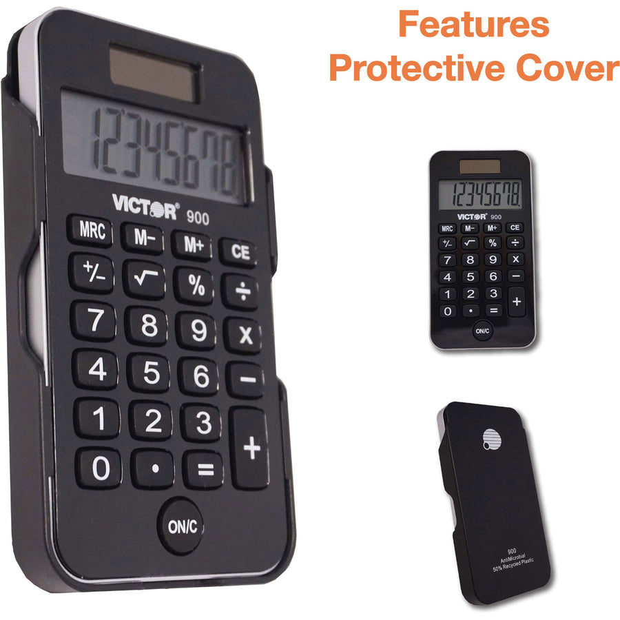 Protective Hard Shell Cover, Big Display, Independent Memory, Dual Power - 0.55" - 8 Digits - LCD - Battery/Solar Powered - 0.3" Height x 2.5" Width x 4.3" Depth - Black - Rubber - 1 Each