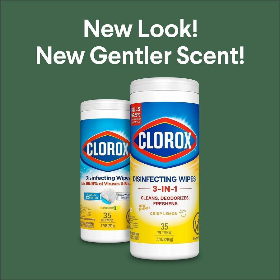 Clorox Disinfecting Cleaning Wipes - Ready-To-Use - Crisp Lemon Scent - 7" Length x 8" Width - Pleasant Scent, Disinfectant, Pre-moistened, Bleach-free - Yellow - 35/Tub - 12 / Carton