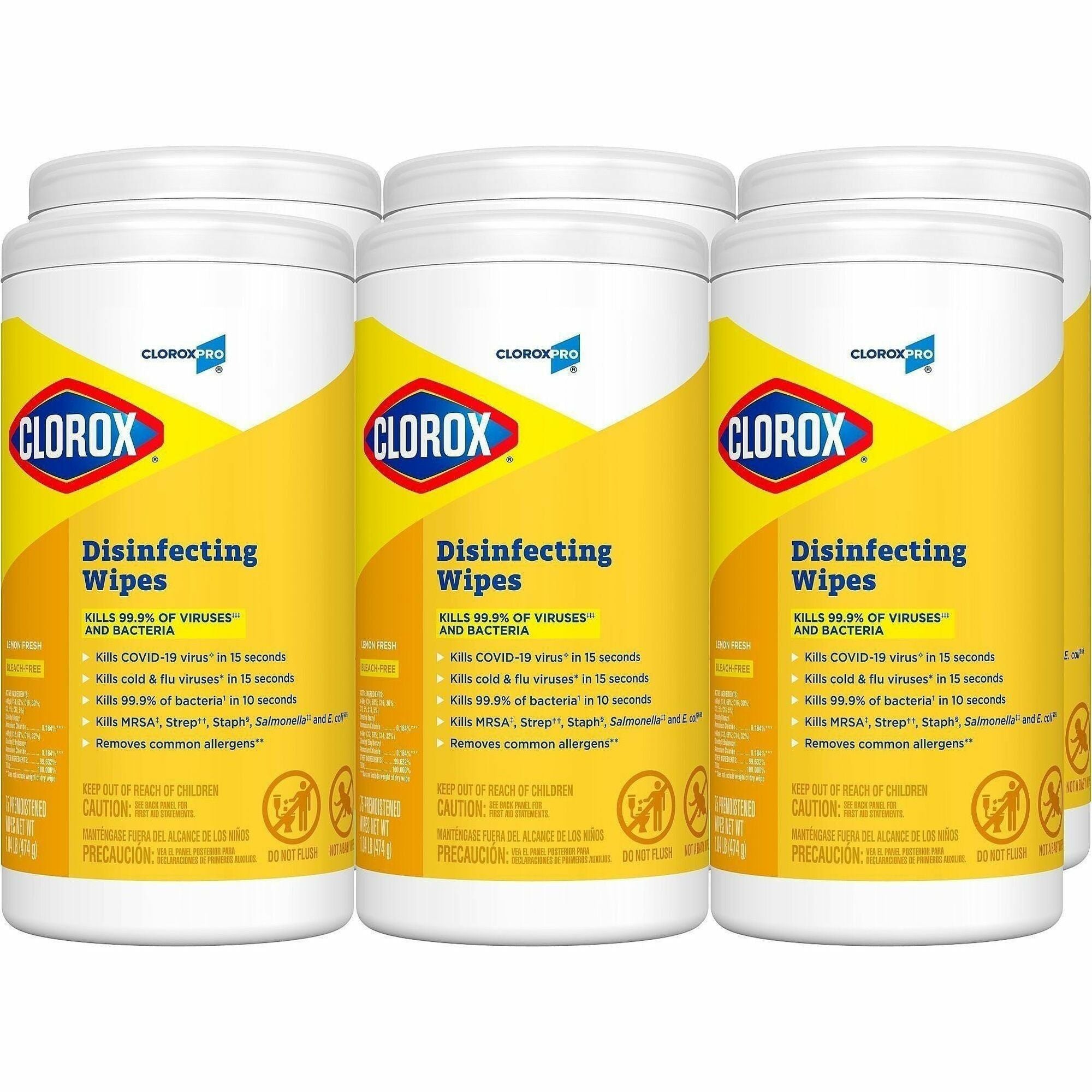 CloroxPro Disinfecting Wipes, Lemon Fresh Scent, 75 Wipes per Tub, 6 Tubs per Carton, Pre-moistened, Textured, Bleach-Free, Antibacterial, Yellow