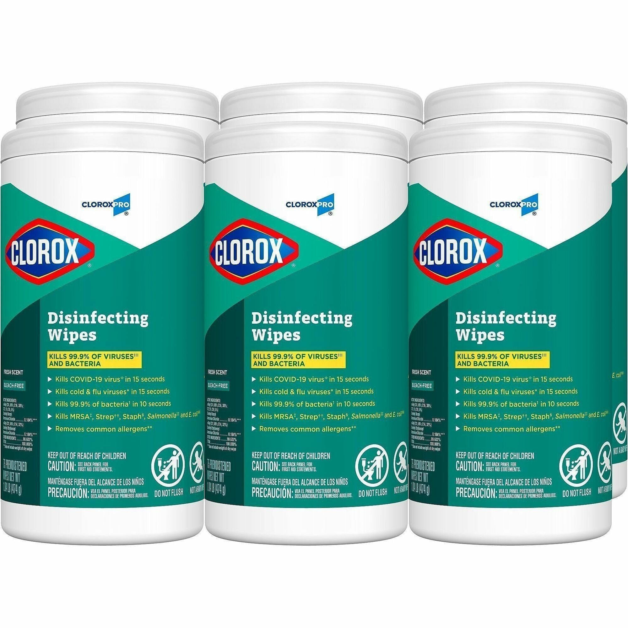 CloroxPro Disinfecting Wipes, Fresh Scent, Pre-moistened, Bleach-Free, Green, 75 Wipes per Tub, 6 Tubs per Carton
