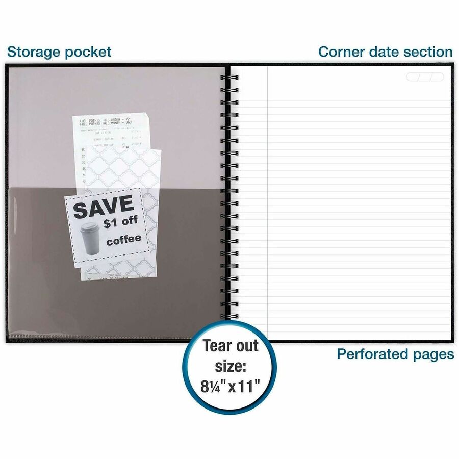 96 Sheets - Wire Bound - 0.28" Ruled - 20 lb Basis Weight - Letter - 8 1/2" x 11" Sheet Size - White Paper - Black Linen Cover - Pocket, Tab, Bond Paper, Perforated, Bleed-free - 1 Each