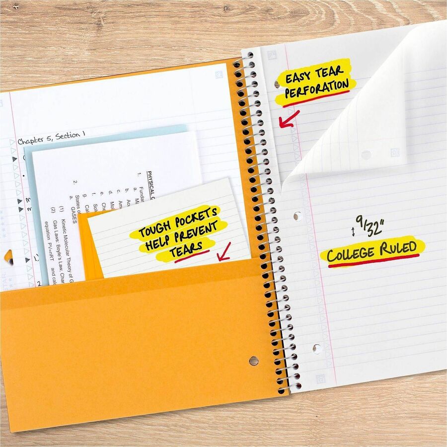 200 Sheets - Wire Bound - 11" x 8 1/2" Sheet Size - White Paper - Assorted Cover - Pocket, Stiff-back, Perforated, Pocket Divider, Heavyweight, Subject, Spiral Lock - 1 Each