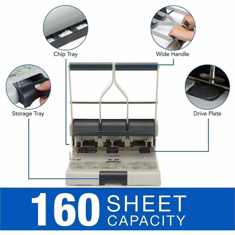 3 Punch Head(s) - 160 Sheet - 9/32" , 11/32" Punch Size - Metal - Gray