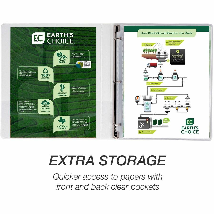 Samsill Earth's Choice Plant-based Durable View Binder, 1/2" Capacity, 3 Round Rings, Letter Size 8.5" x 11", 100 Sheet Capacity, 2 Internal Pockets, White, 1 Each