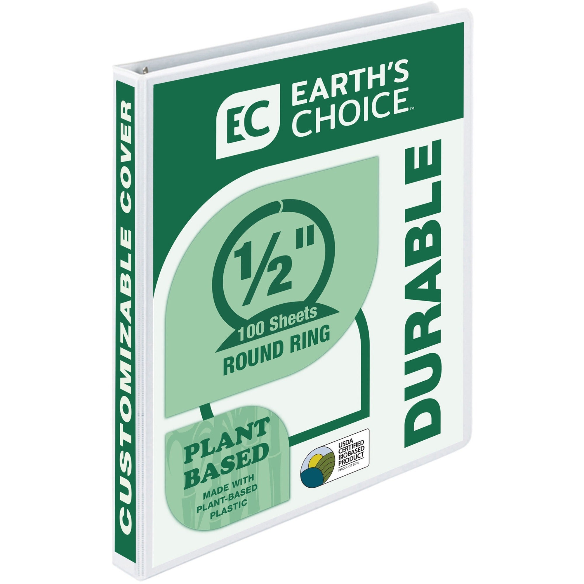 Samsill Earth's Choice Plant-based Durable View Binder, 1/2" Capacity, 3 Round Rings, Letter Size 8.5" x 11", 100 Sheet Capacity, 2 Internal Pockets, White, 1 Each