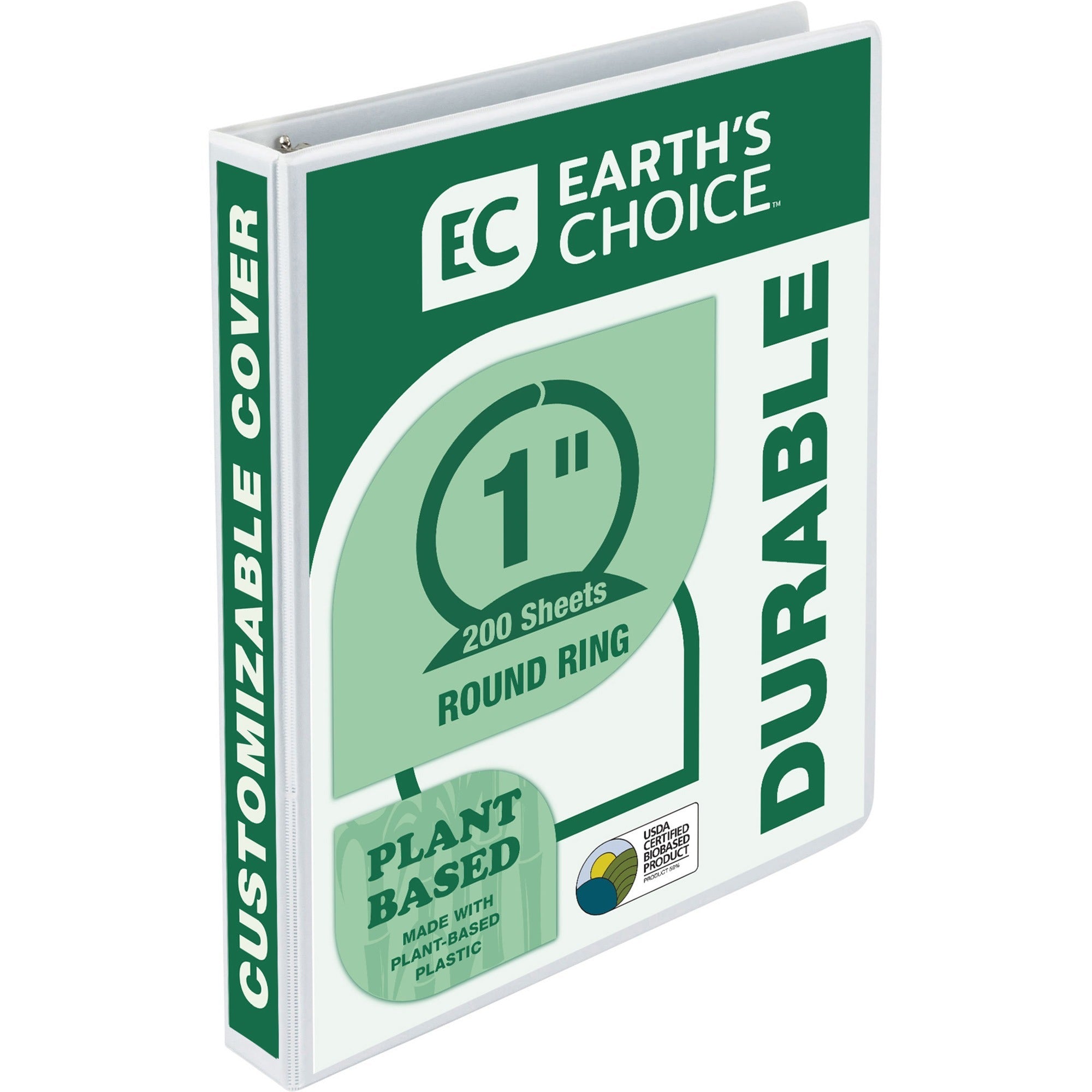 Samsill Earth's Choice Plant-based Durable View Binder, 1" Capacity, 3 Round Rings, Letter Size 8.5" x 11", 200 Sheet Capacity, 2 Internal Pockets, White, 1 Each