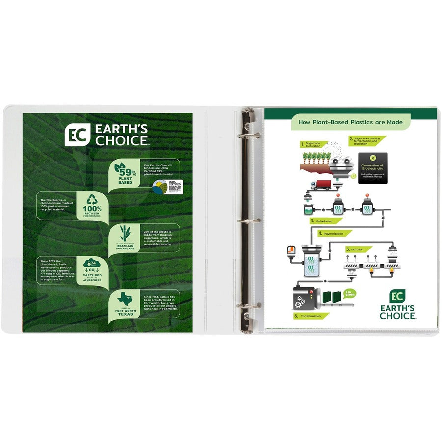 Samsill Earth's Choice Plant-based Durable View Binder, 1" Capacity, 3 Round Rings, Letter Size 8.5" x 11", 200 Sheet Capacity, 2 Internal Pockets, White, 1 Each