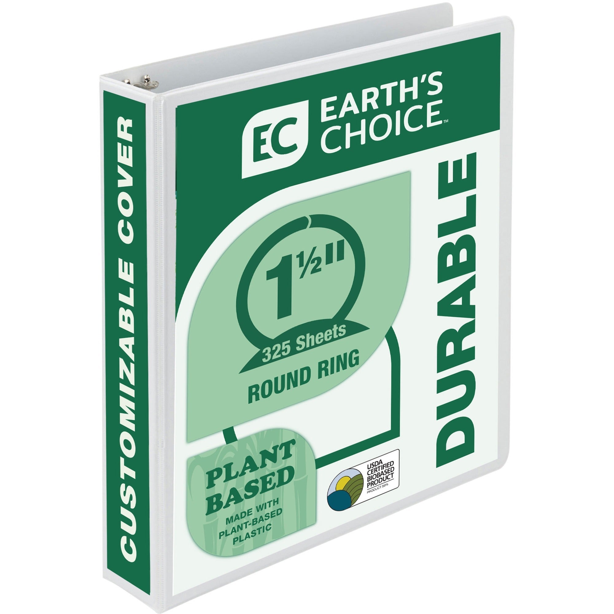 Samsill Earth's Choice Plant-based Durable View Binder, 1 1/2" Capacity, 3 Round Rings, Letter Size, 325 Sheet Capacity, 2 Internal Pockets, White, 1 Each