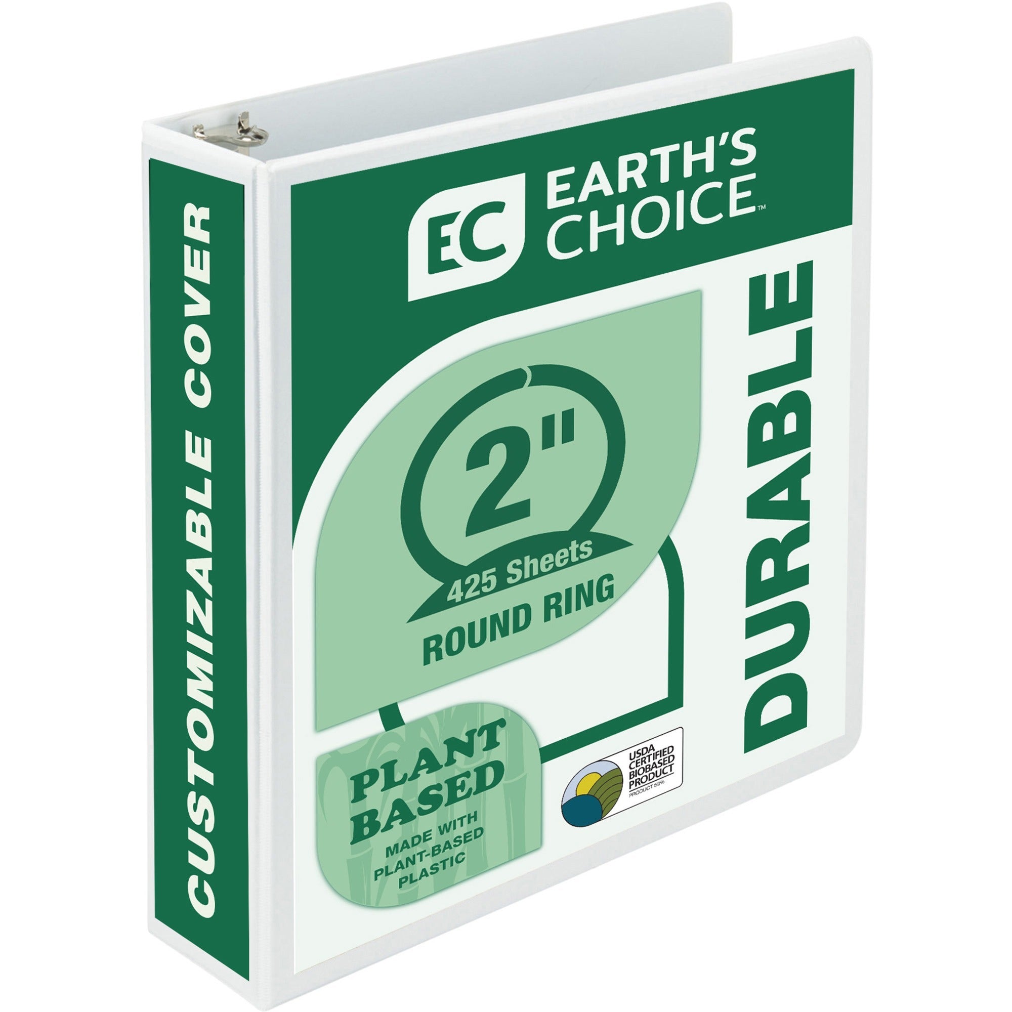 Samsill Earth's Choice Plant-based Durable View Binder, 2" Capacity, 3 Round Rings, Letter Size 8.5" x 11", 425 Sheet Capacity, 2 Internal Pockets, White, 1 Each