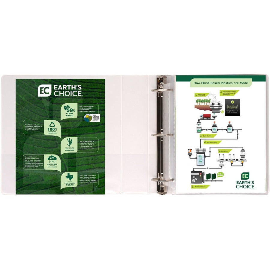 Samsill Earth's Choice Plant-based Durable View Binder, 2" Capacity, 3 Round Rings, Letter Size 8.5" x 11", 425 Sheet Capacity, 2 Internal Pockets, White, 1 Each
