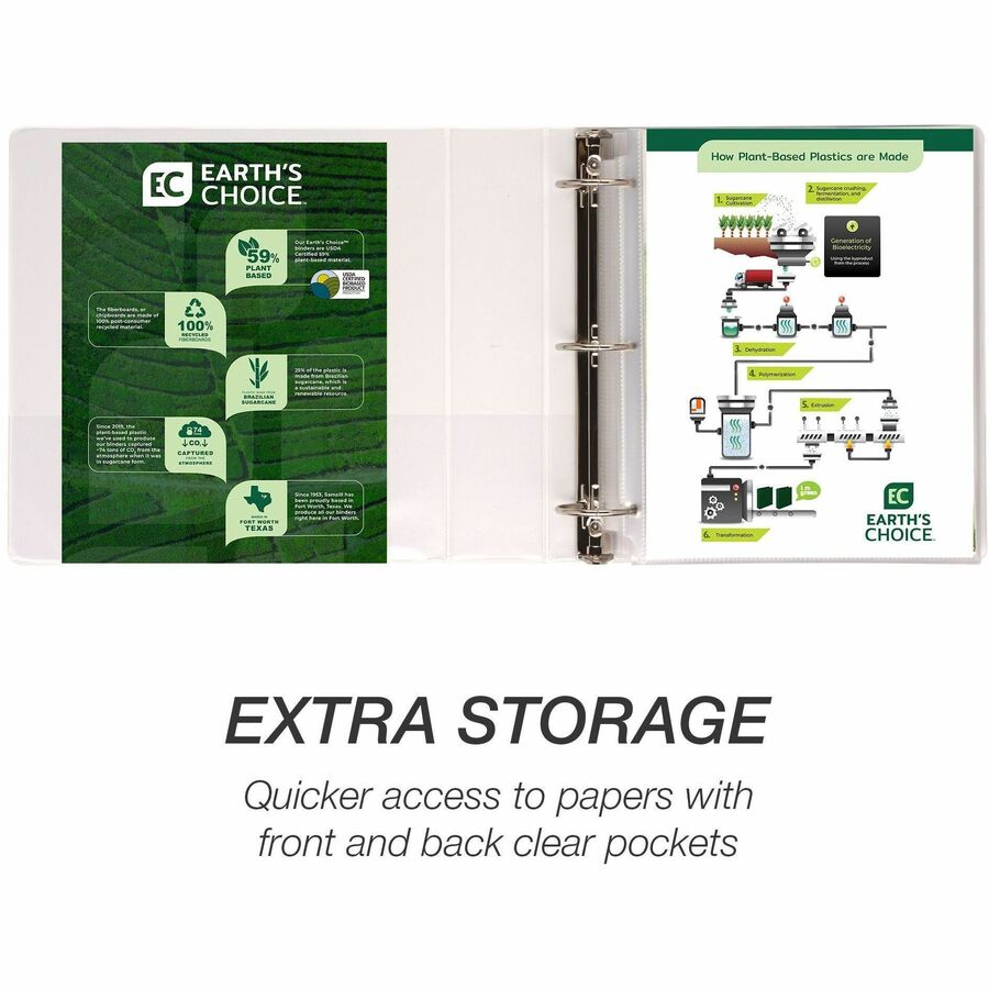 Samsill Earth's Choice Plant-based Durable View Binder, 2" Capacity, 3 Round Rings, Letter Size 8.5" x 11", 425 Sheet Capacity, 2 Internal Pockets, White, 1 Each