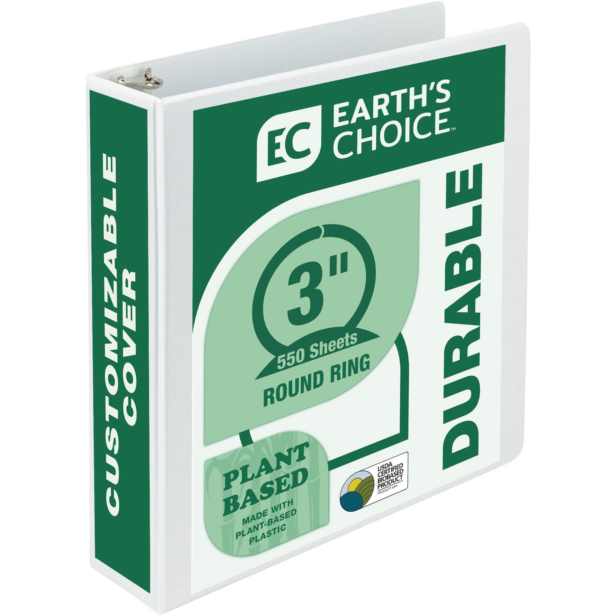 Samsill Earth's Choice Plant-based Durable View Binder, 3" Capacity, 550 Sheet, 3 Round Rings, 2 Internal Pockets, Letter Size, White, 1 Each