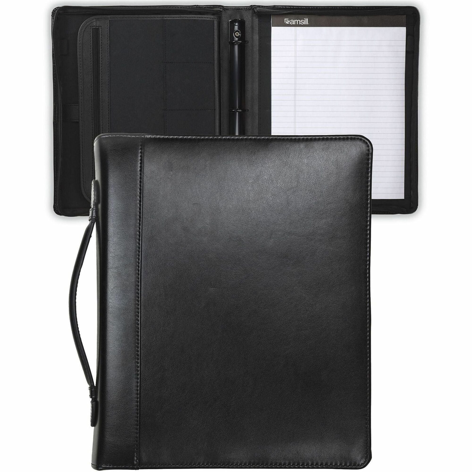 1" Folder Capacity - 8 1/2" x 11" - 1" for Folder - Internal Pocket(s) - Leather, Metal - Black - Zipper Closure, Handle, Tablet Pocket, Document Pocket, Spine, Padded Handle, Padded Spine - 0% Recycled - 1 Each
