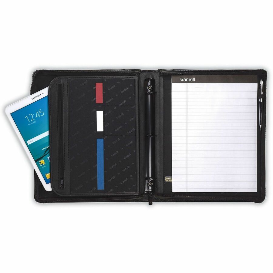 1" Folder Capacity - 8 1/2" x 11" - 1" for Folder - Internal Pocket(s) - Leather, Metal - Black - Zipper Closure, Handle, Tablet Pocket, Document Pocket, Spine, Padded Handle, Padded Spine - 0% Recycled - 1 Each