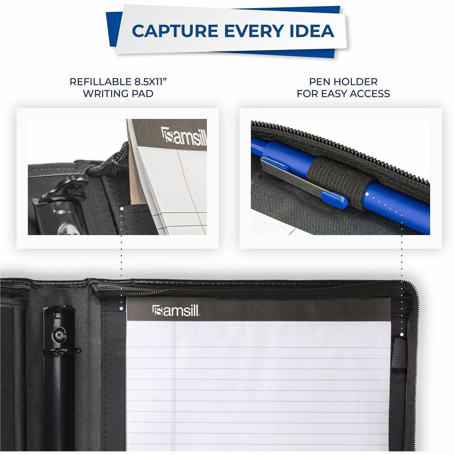 1" Folder Capacity - 8 1/2" x 11" - 1" for Folder - Internal Pocket(s) - Leather, Metal - Black - Zipper Closure, Handle, Tablet Pocket, Document Pocket, Spine, Padded Handle, Padded Spine - 0% Recycled - 1 Each