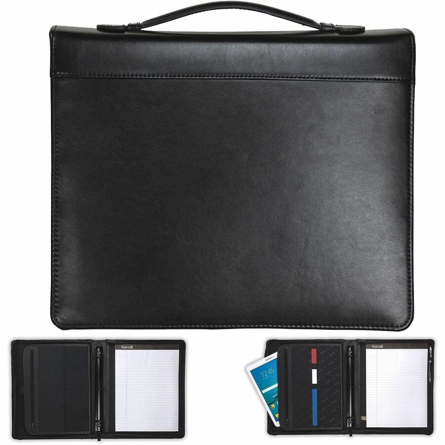 1" Folder Capacity - 8 1/2" x 11" - 1" for Folder - Internal Pocket(s) - Leather, Metal - Black - Zipper Closure, Handle, Tablet Pocket, Document Pocket, Spine, Padded Handle, Padded Spine - 0% Recycled - 1 Each