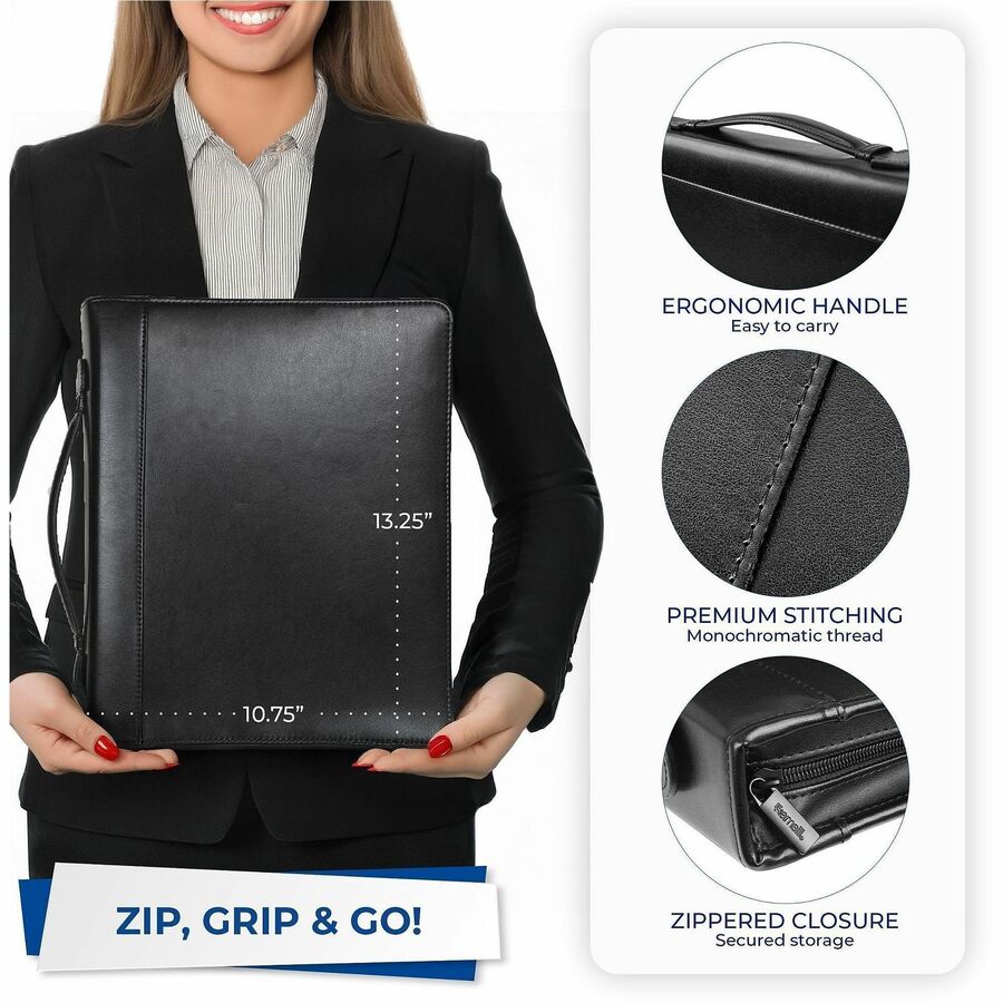 1" Folder Capacity - 8 1/2" x 11" - 1" for Folder - Internal Pocket(s) - Leather, Metal - Black - Zipper Closure, Handle, Tablet Pocket, Document Pocket, Spine, Padded Handle, Padded Spine - 0% Recycled - 1 Each
