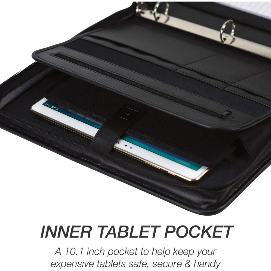 Samsill Letter Pad Folio - 8 1/2" x 11" - 3 Fastener(s) - 1" for Folder - 2 Exterior, Internal Pocket(s) - Vinyl, Metal - Black - Zipper Closure, Wrap-around - 1 Each