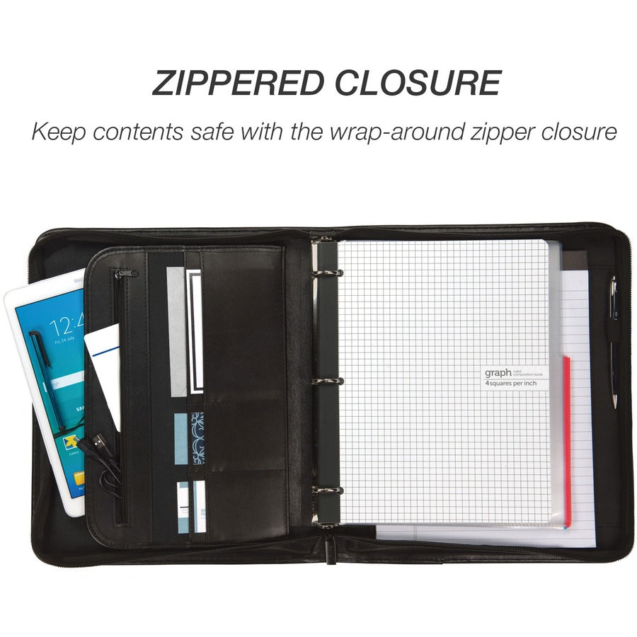 Samsill Letter Pad Folio - 8 1/2" x 11" - 3 Fastener(s) - 1" for Folder - 2 Exterior, Internal Pocket(s) - Vinyl, Metal - Black - Zipper Closure, Wrap-around - 1 Each